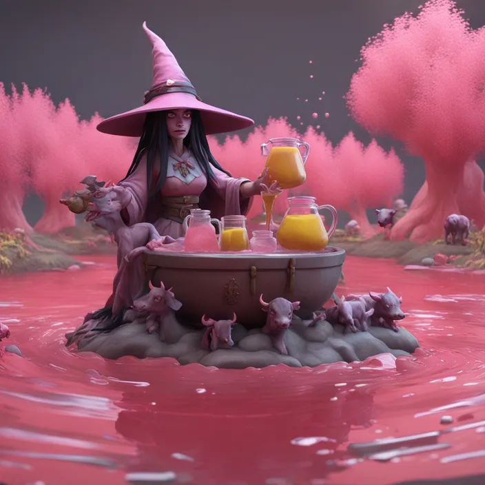 a woman in a witch costume sitting at a table with a pitcher of orange juice