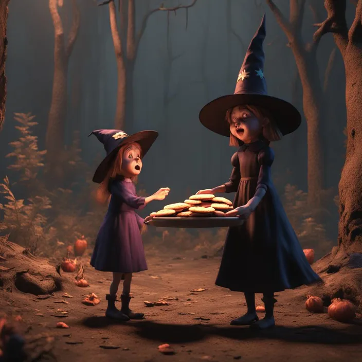two little girls dressed as witches holding a tray of cookies