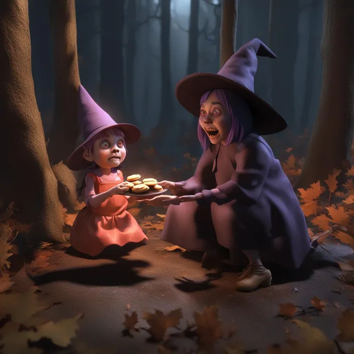 two children dressed as witches in the woods