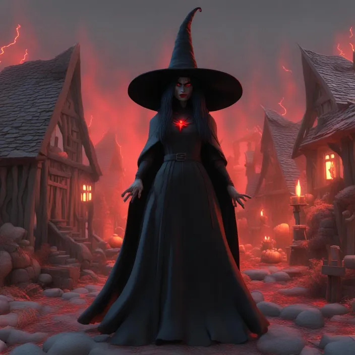 a woman in a witches costume standing in front of a village