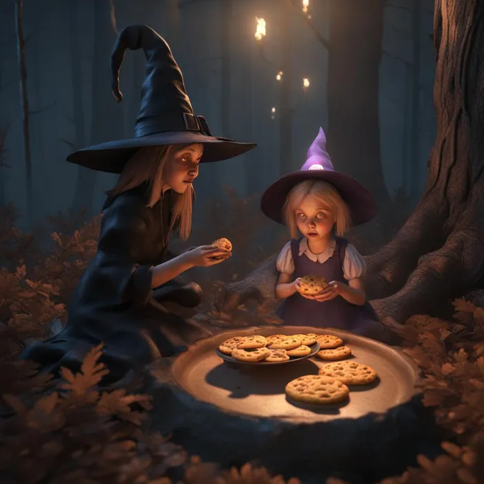 two little girls dressed as witches eating cookies