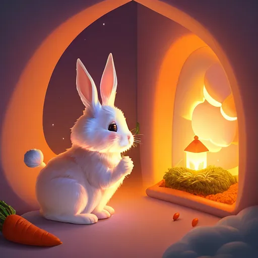 a white rabbit sitting in front of a fireplace