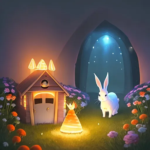 a rabbit standing in a field next to a house