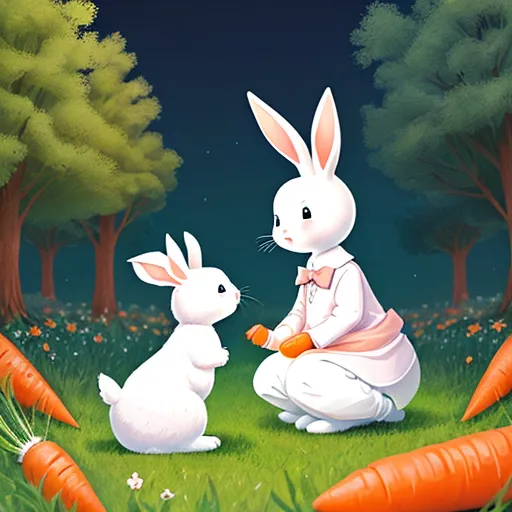 a couple of rabbits sitting on top of a lush green field