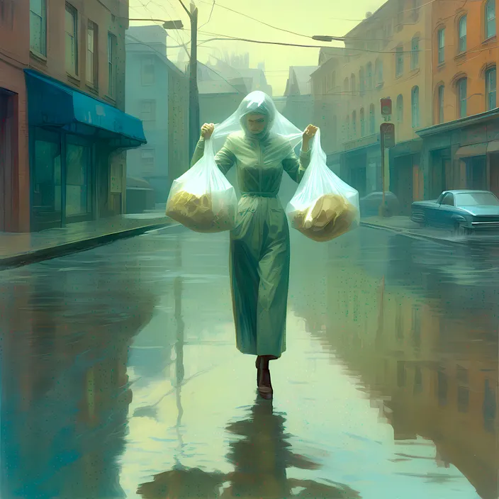 a woman walking down a street holding bags