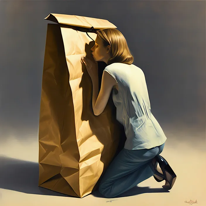 a painting of a woman leaning against a paper bag