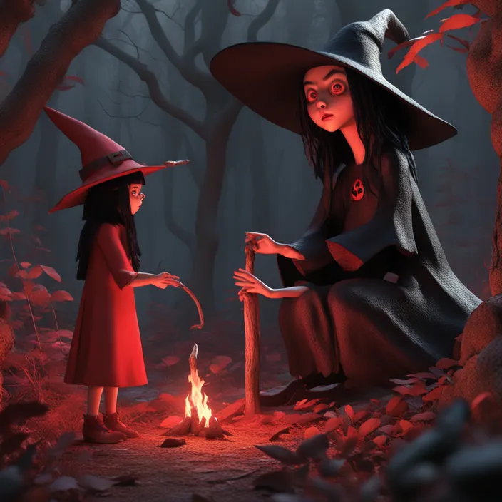 two children dressed as witches sitting around a campfire