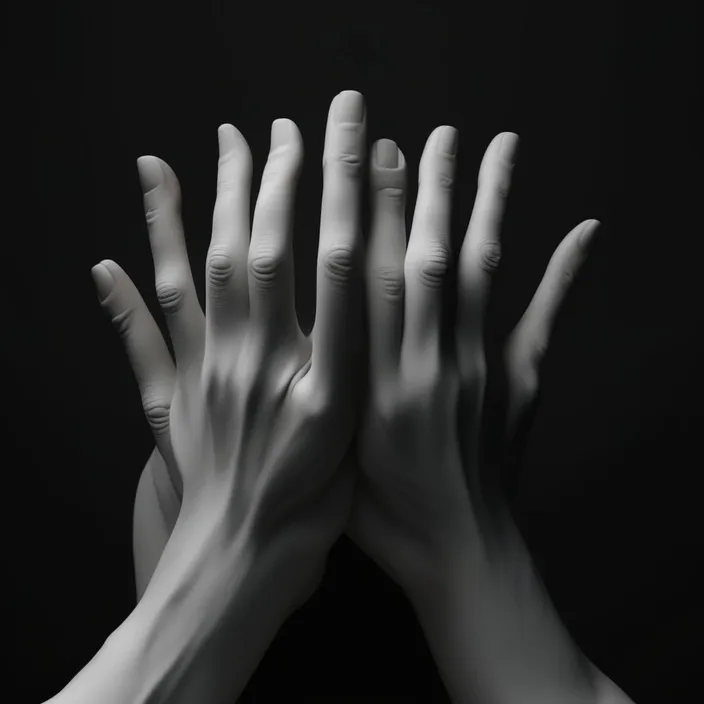 a black and white photo of two hands reaching up