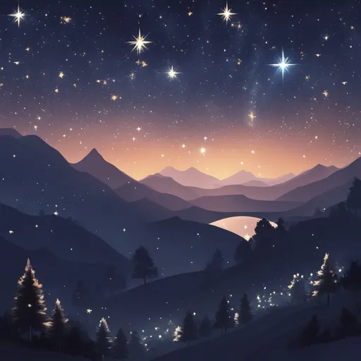 a night scene with mountains and stars in the sky