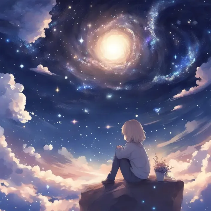 a person sitting on top of a cliff under a sky filled with stars