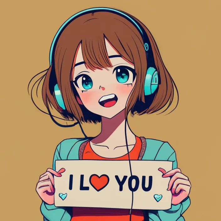 a girl with headphones holding a sign that says i love you