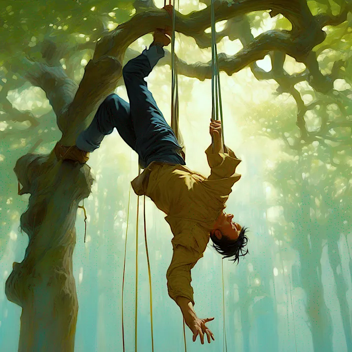 a man hanging upside down on a rope in a forest