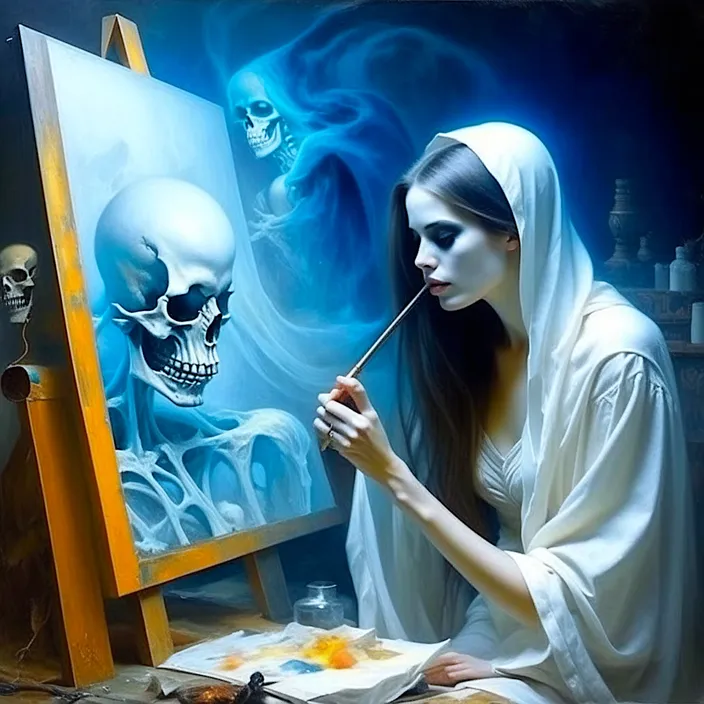 a woman is painting a skeleton on a canvas