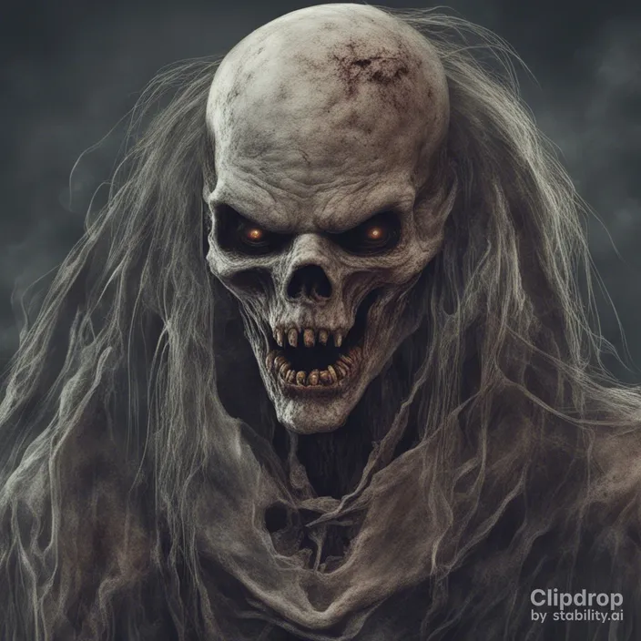 a creepy skeleton with long hair and glowing eyes