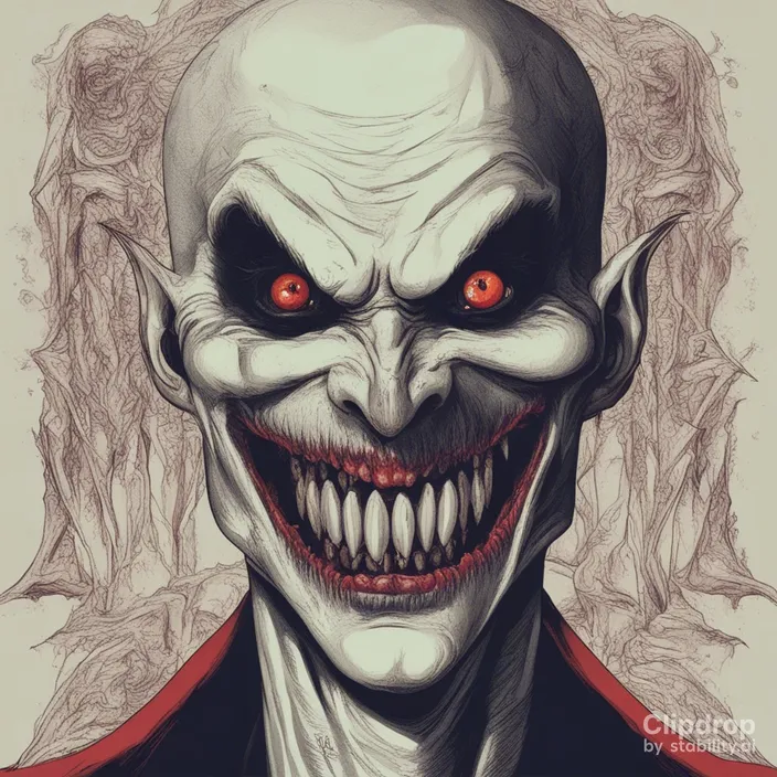 a drawing of a creepy clown with red eyes