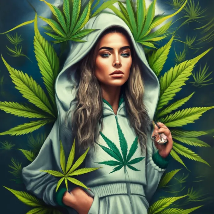 a painting of a woman in a hoodie holding a marijuana leaf