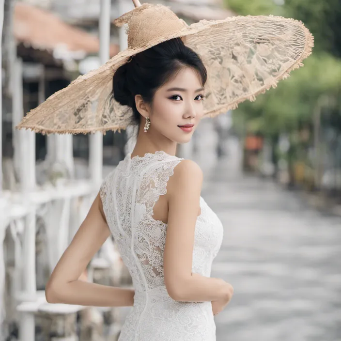 a woman in a white dress and a large hat