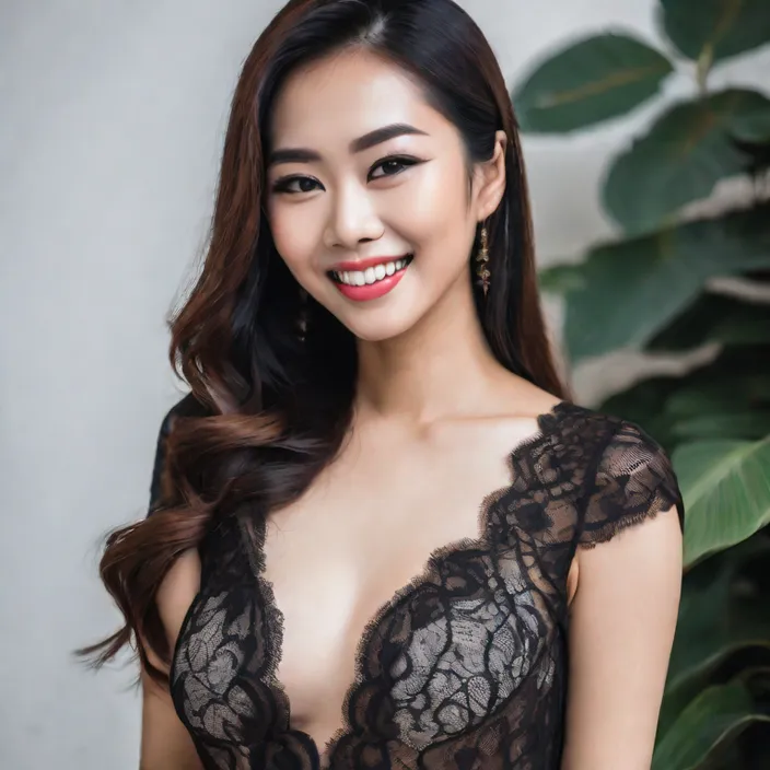 an asian woman in a black dress smiling at the camera