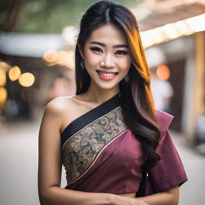 a woman with long hair wearing a purple and black dress