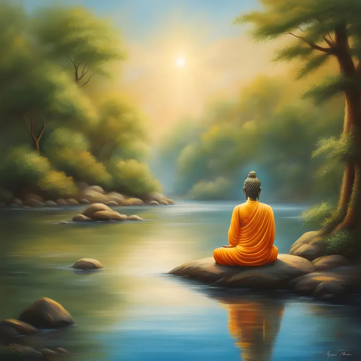 a painting of a person sitting on a rock in the middle of a river