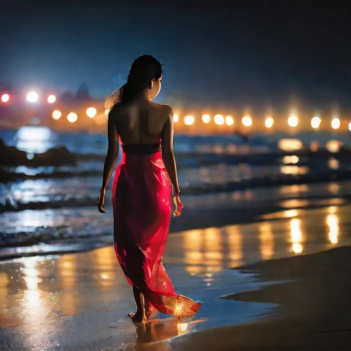 a woman in a red dress walking on the beach