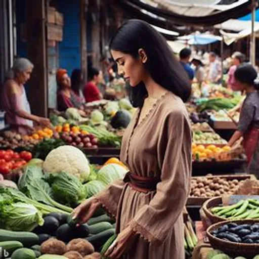 a woman standing in front of a display of vegetables