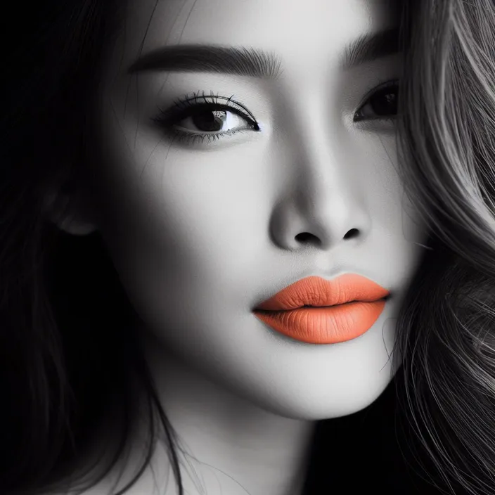 a woman with orange lipstick on her lips