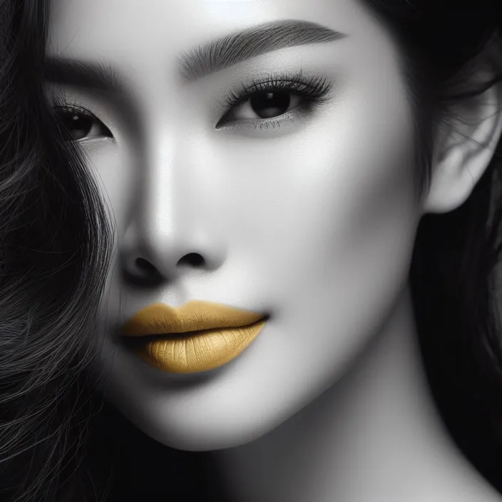 a woman's face with a yellow lip