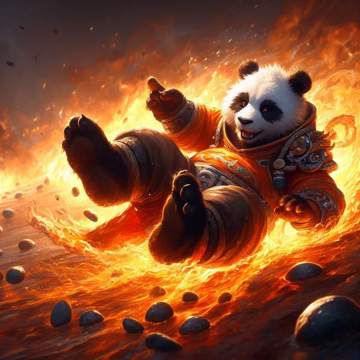 a panda bear floating in the air on fire