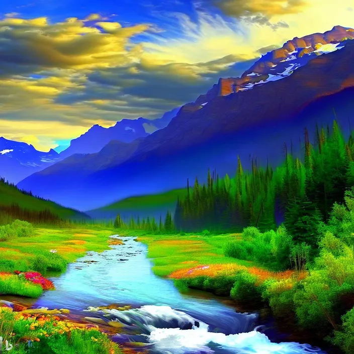 a painting of a mountain stream in the mountains