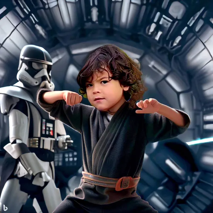 a young boy dressed as darth vader and a storm trooper