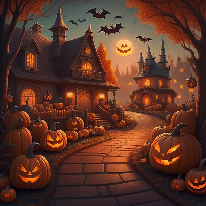 a halloween scene with pumpkins and a house