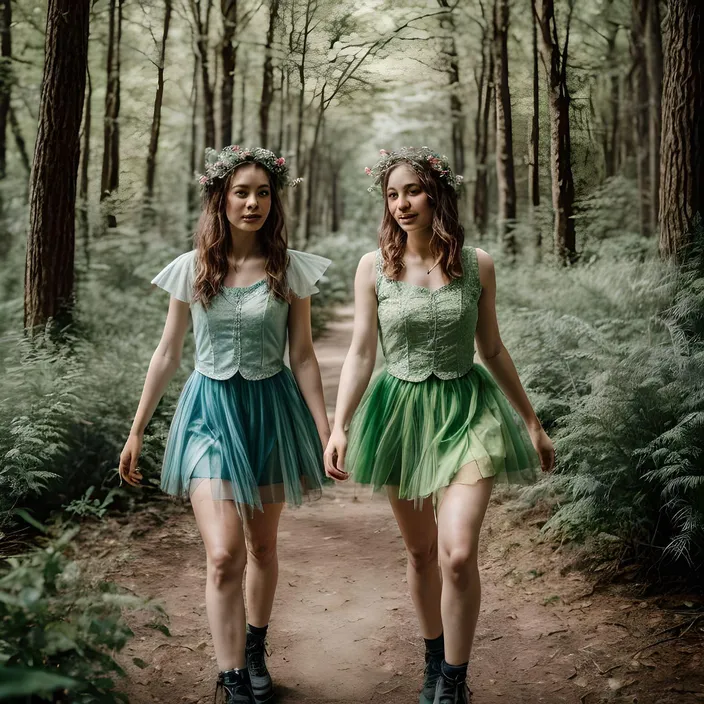 two young women dressed in fairy costumes walk down a path in the woods