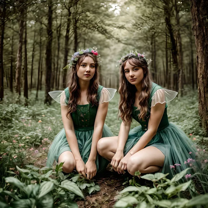 two girls in green dresses sitting in the woods