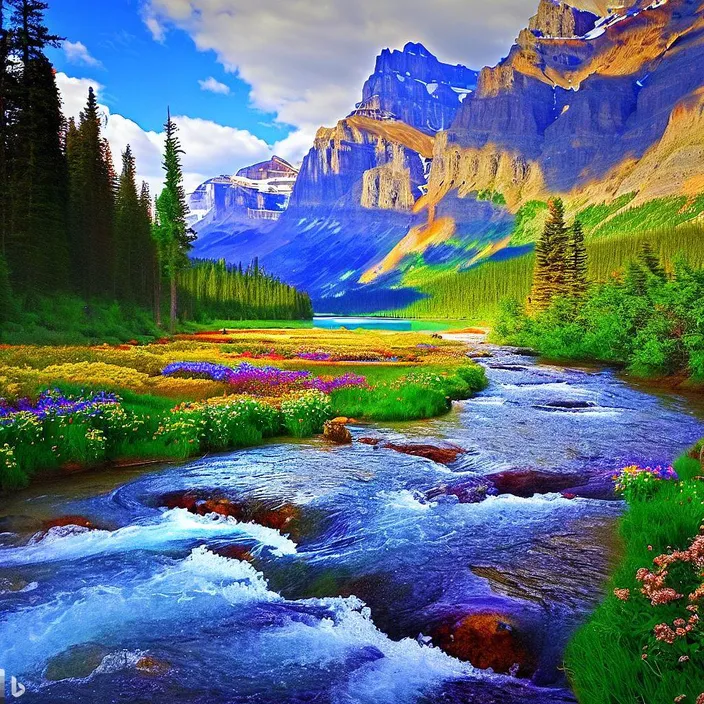 a painting of a mountain stream in the mountains