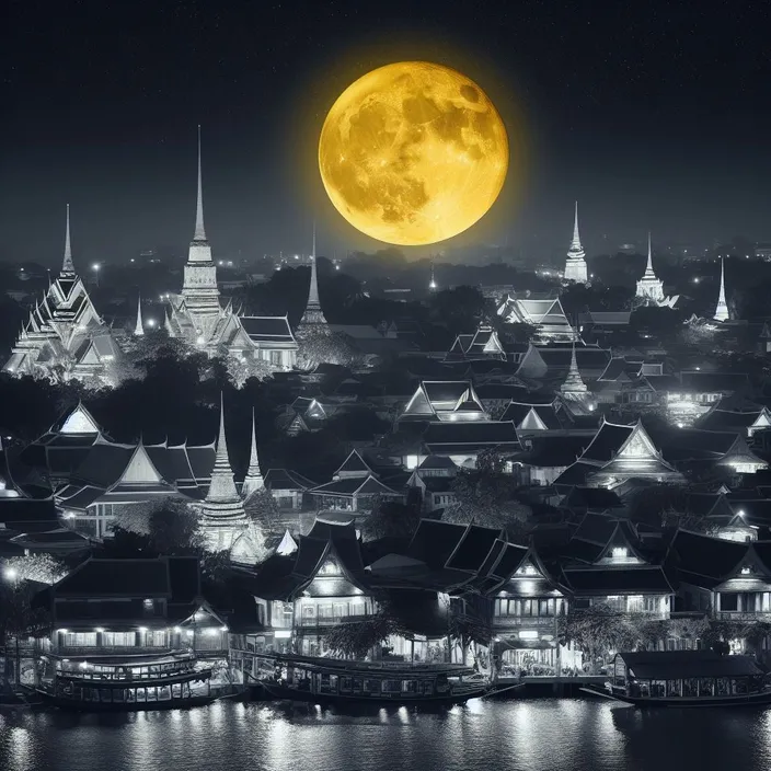 a full moon is seen over a city at night