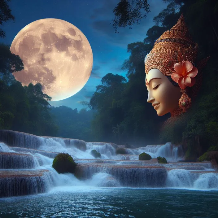 a painting of a buddha statue in front of a waterfall