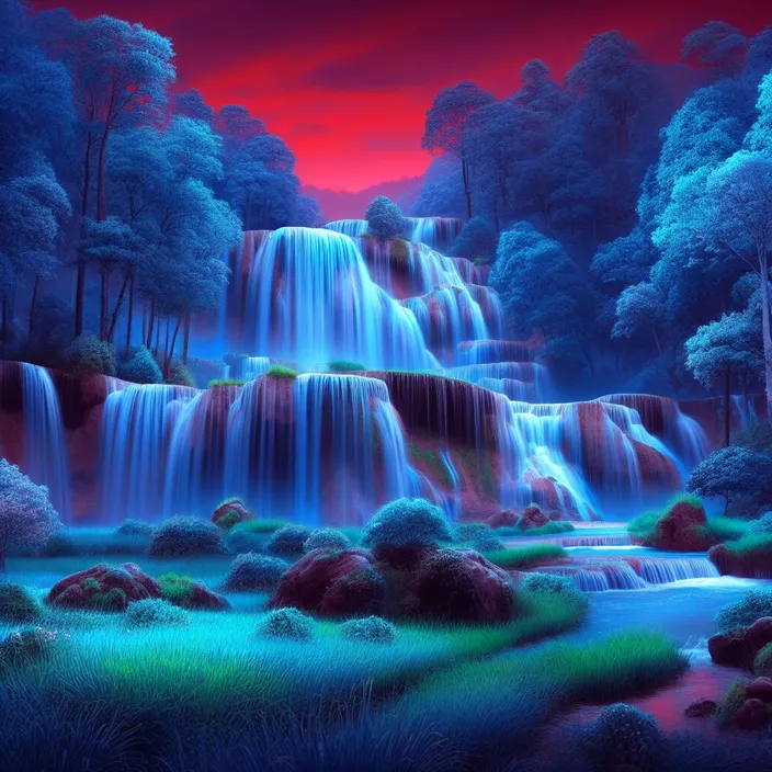 a painting of a waterfall in a forest