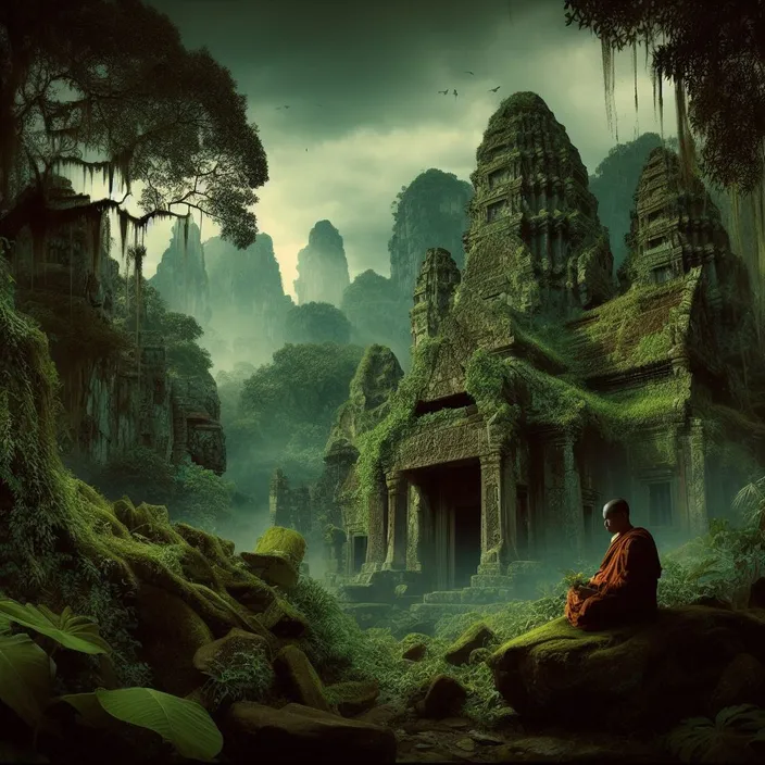 a man sitting on top of a lush green forest