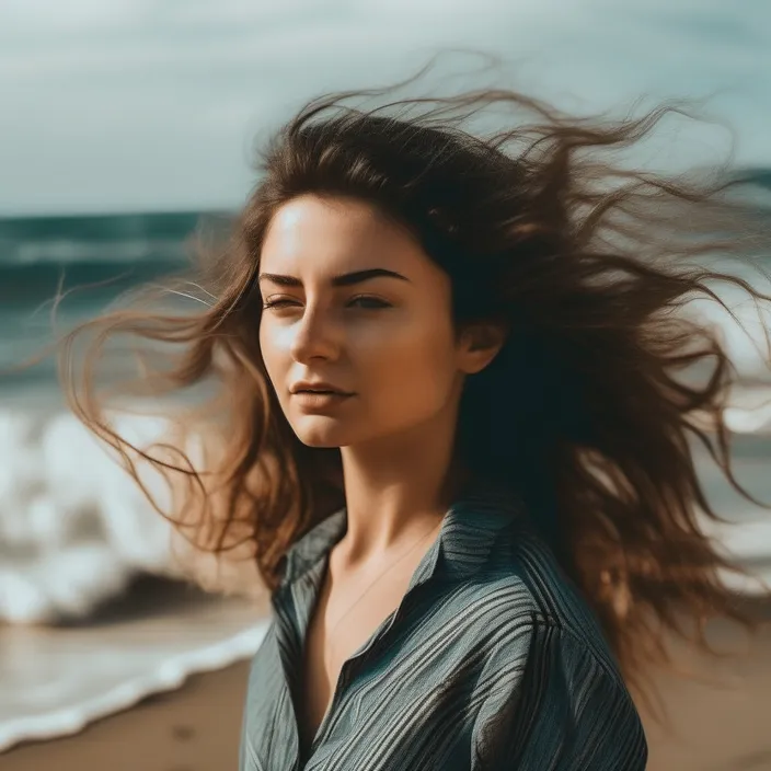 a woman standing on a beach with her hair blowing in the wind