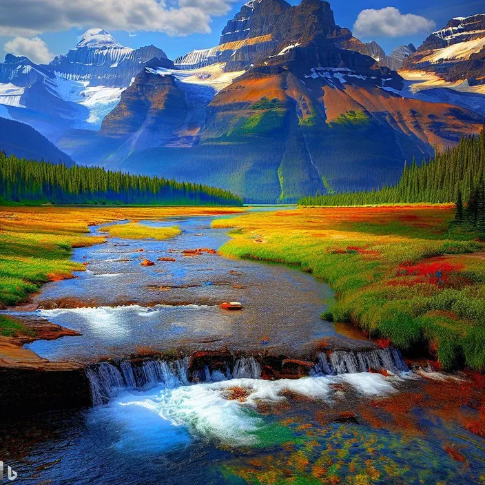 a painting of a waterfall in the mountains