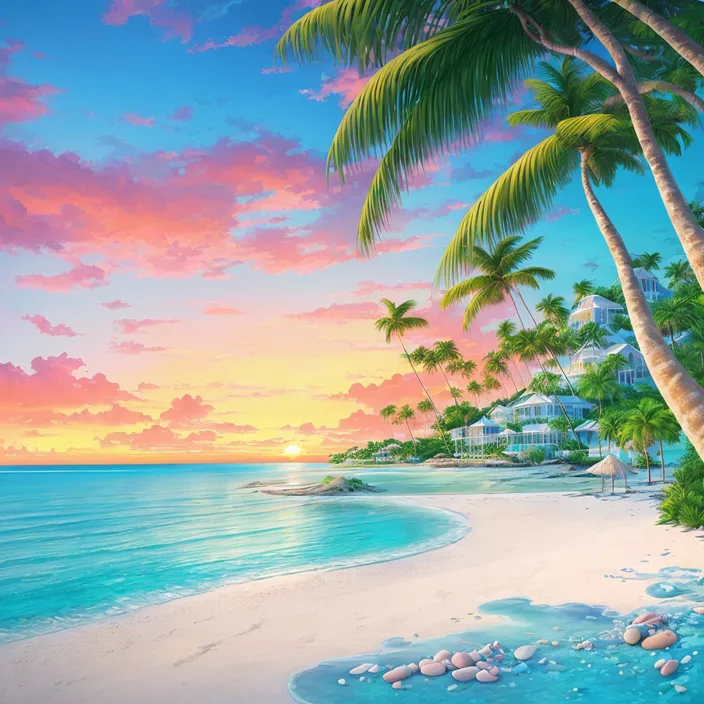 a painting of a tropical beach with palm trees