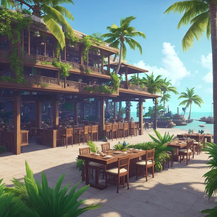 a beach side restaurant with palm trees surrounding it