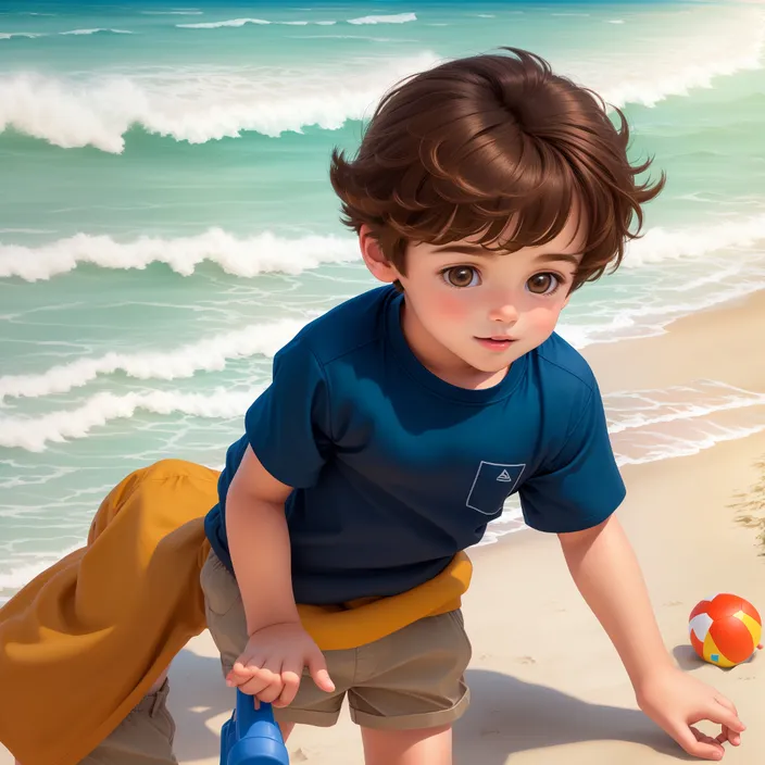 a painting of a young boy playing with a ball on the beach