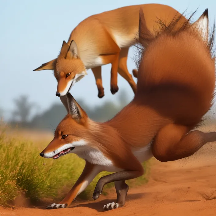 a couple of foxes running across a dirt field