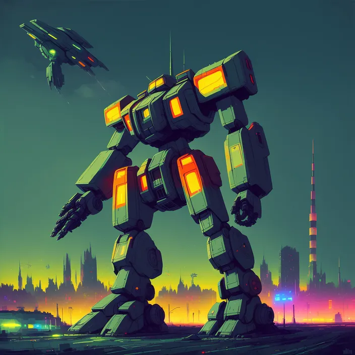 a futuristic robot standing in front of a city