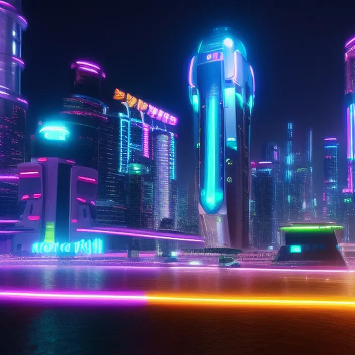 a futuristic city at night with neon lights