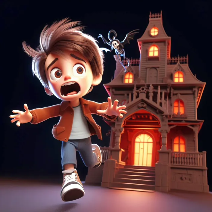 a little boy running towards a creepy house