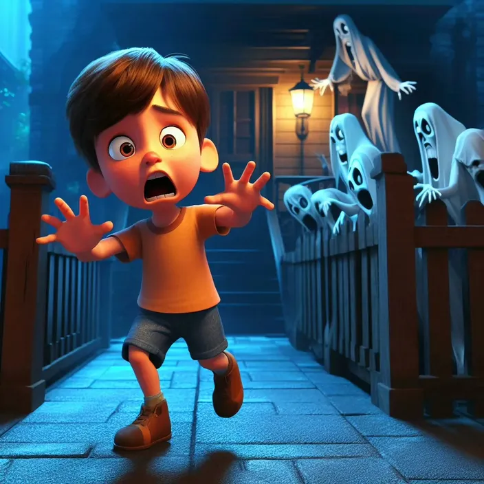 a young boy in a halloween scene with ghost's in the background