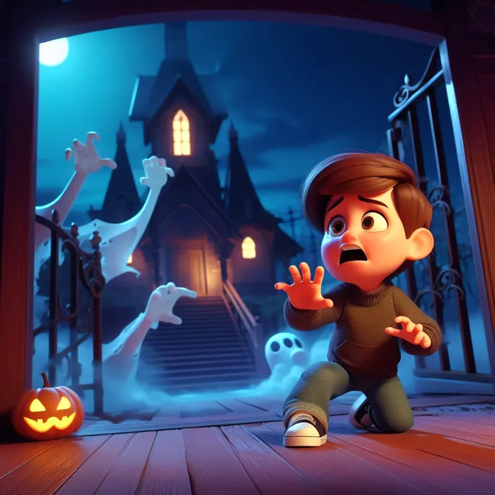 a boy in a halloween scene with a ghost in the background